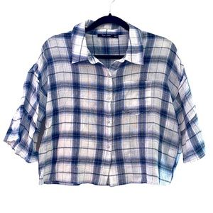 Doe & Rae Cropped White Blue Plaid Bell Sleeves Button Down Top Small